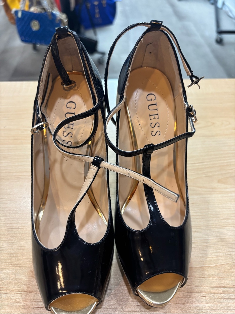 GUESS Black Patent T-Strap Peep-Toe Heels